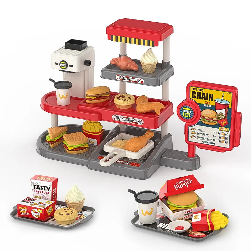 New Pretend Play Mini Simulation Hamburger Coffee Machine Cake Lighting Fast Food Kitchen Toy Set