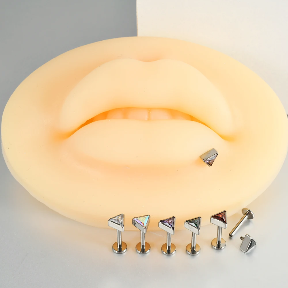 ASTM F136 Titanium Thick Triangle CZ Labret Ear Lobe Helix Tragus Cartilage Studs Lip Piercing Jewelry 1.2x8mm