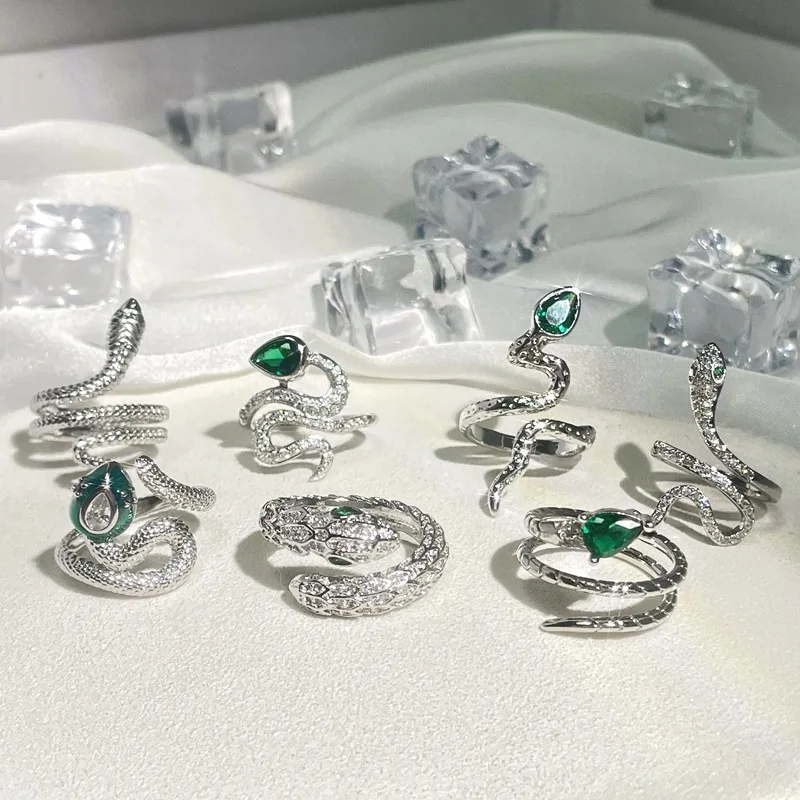 DAIHE Fashion 2024 New Gemstone Snake Ring Adjustable Open Crystal Zircon Moonstone Rings