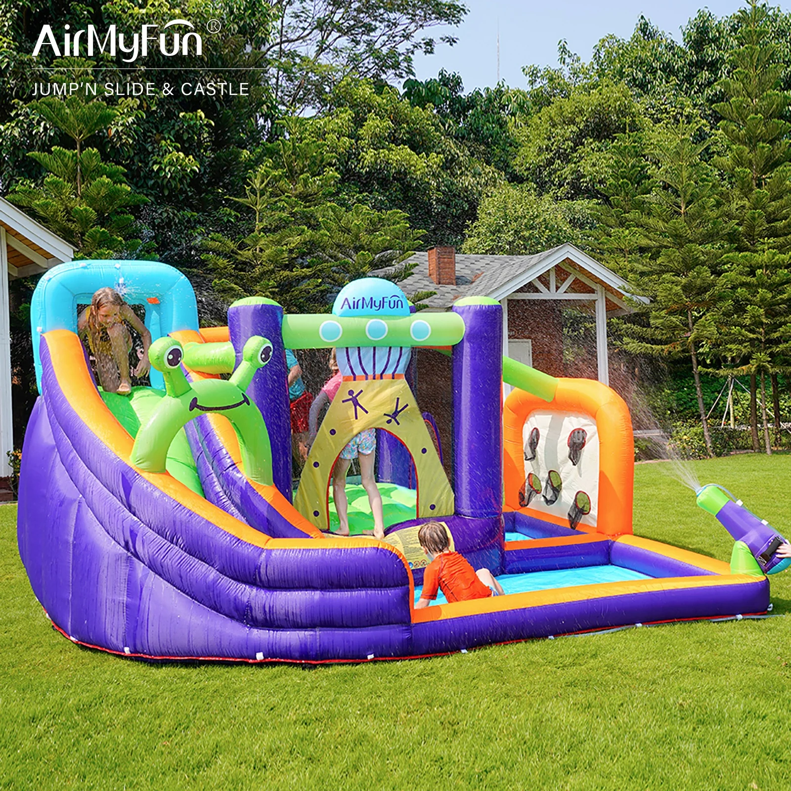 Airmyfun pvc custom best design wholesale inflatable castle  jumper with slide and slip