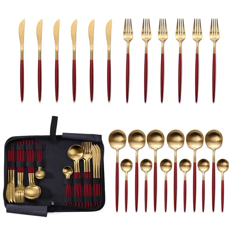Customizable Packaging 24 Pieces Portable Camping Picnic Travel Gold Plated Flatware Silverware Dinnerware 24 Piece Cutlery