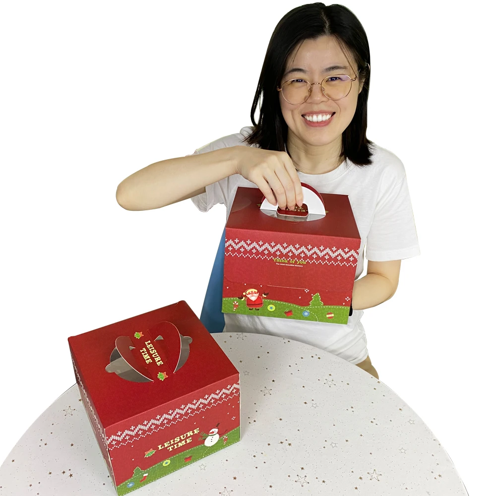 Christmas Window Cake Box Design For Christmas Bakery Cookie Cake Brownie Packaging with handle