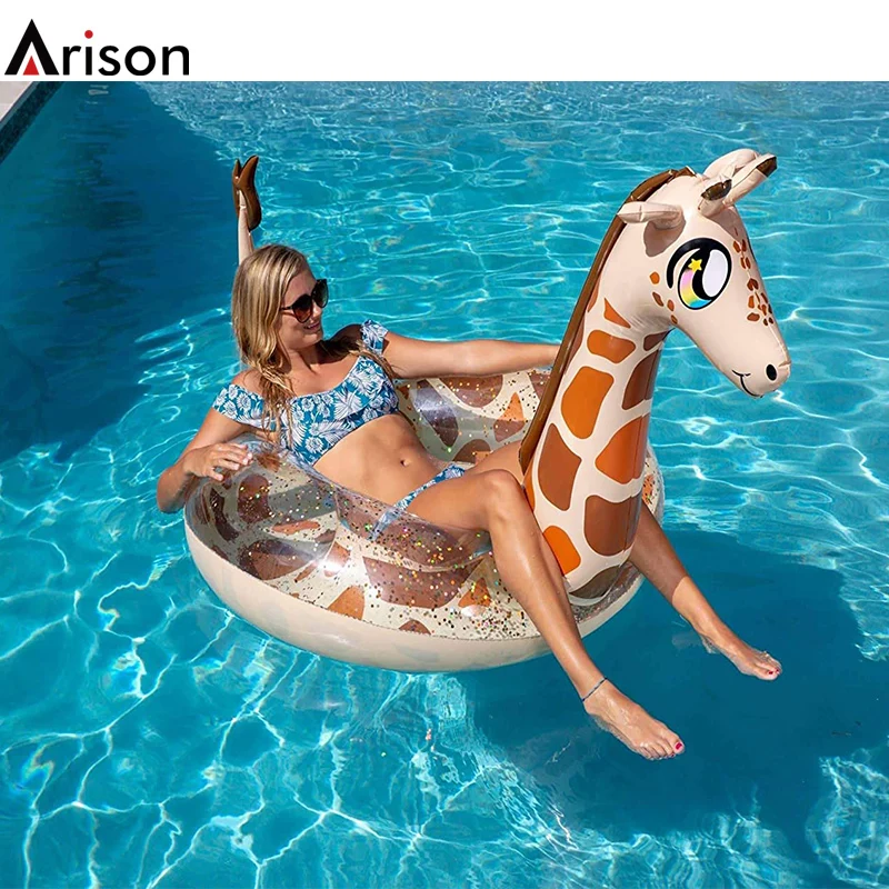 Durable thick PVC inflatable giraffe swim tube inflatable animal swim ring 3D animal swim tube toy customizable