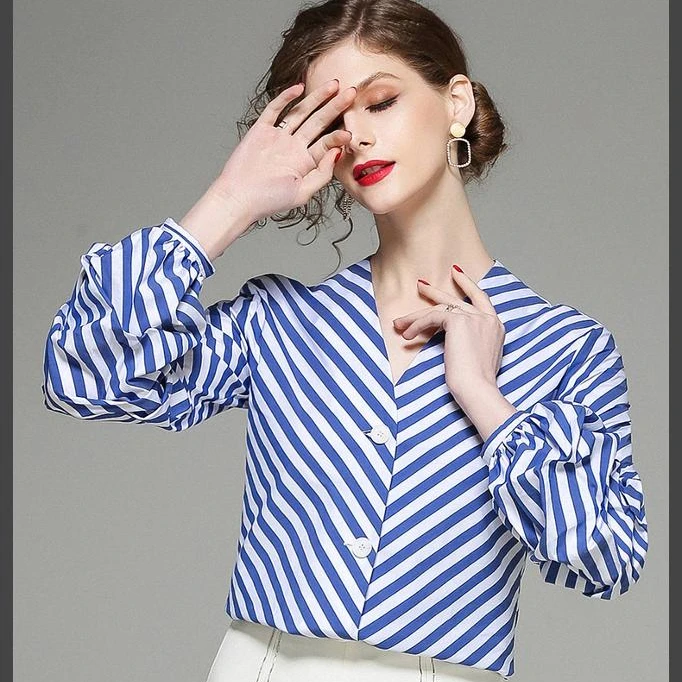 Office Ladies V - Neck Long Lantern Sleeves Blue Striped Formal Shirt Blouses