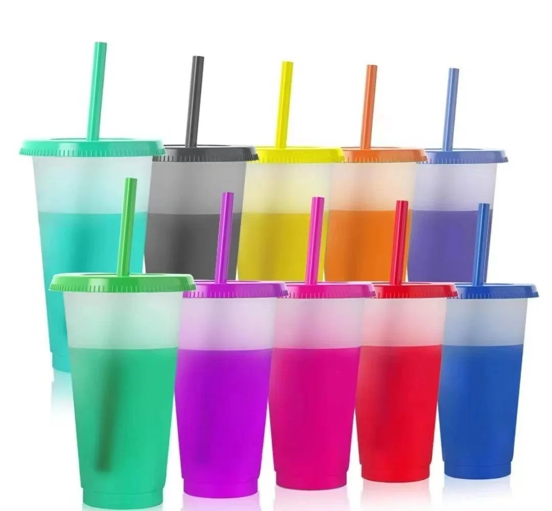 Bpa Free custom 16 24 oz colored Plastic coffee magic tumbler reusable cold water color changing cup with lids and straws