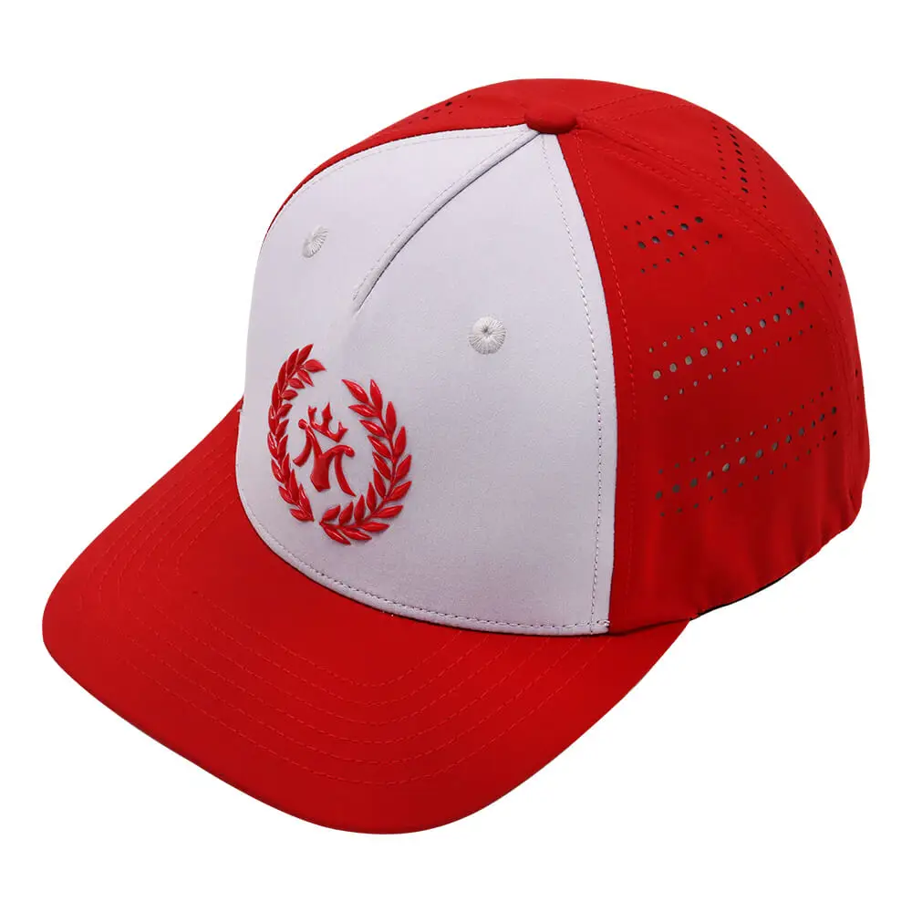 Custom 5 panel Stretch-Fit Cap with embossed rubber patch logo breathable laser cutting holes