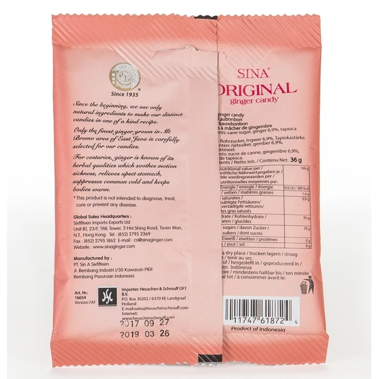 SINA 36g  Original Flavor Ginger Candy  Indonesia Soft Ginger Chew Top Brand Candy Making Factory