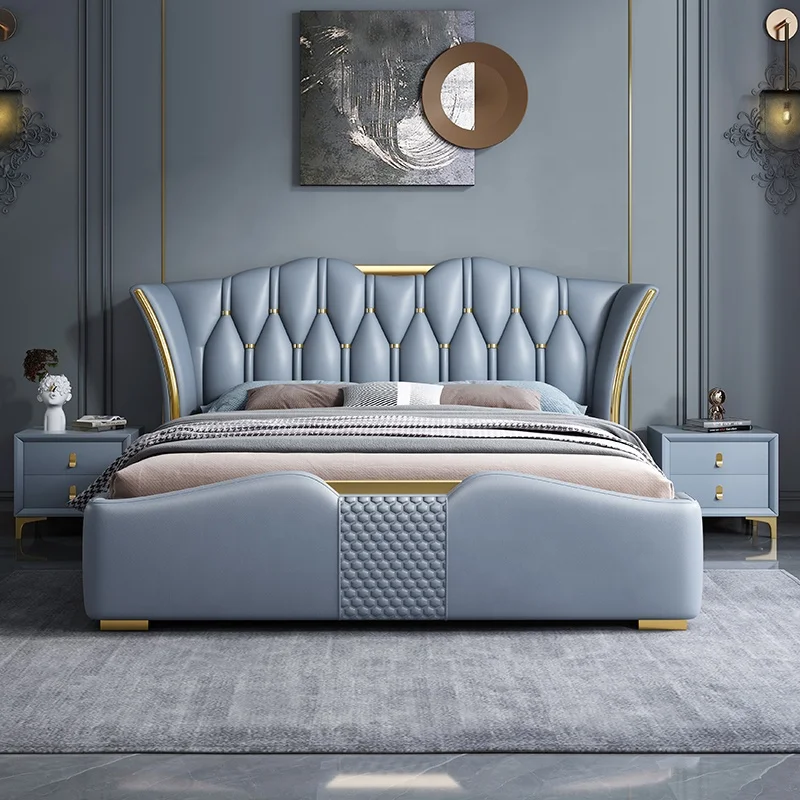 Italian bedroom set furniture, American king size bed modern latest double leather luxury storage queen soft bed