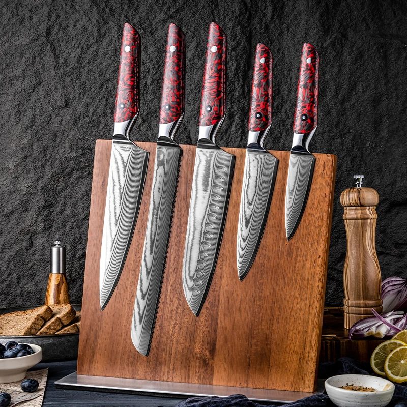 Kitchen Damascus Carbon Stainless Steel Chef Kitchen Knife Set Santoku Bread Utility Paring Knife Red Resin Carbon Fiber Handle