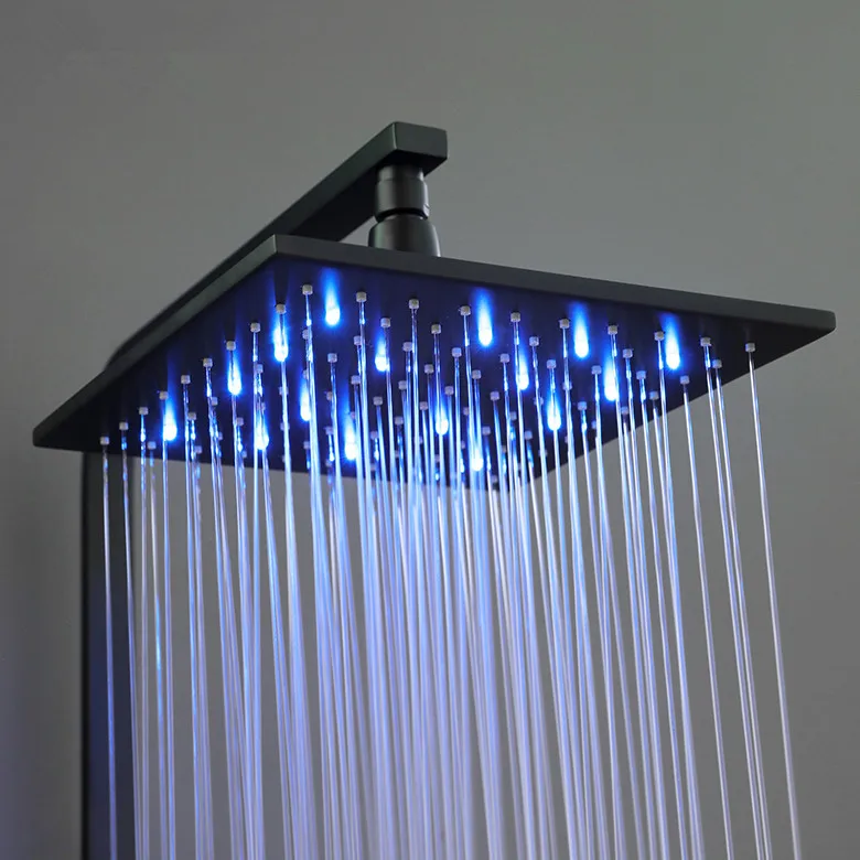 Holmine Luxury Hot and Cold Bathroom Shower Mixer Matt Black Brass Dual Bath LED Square Shower Head And Faucet Set