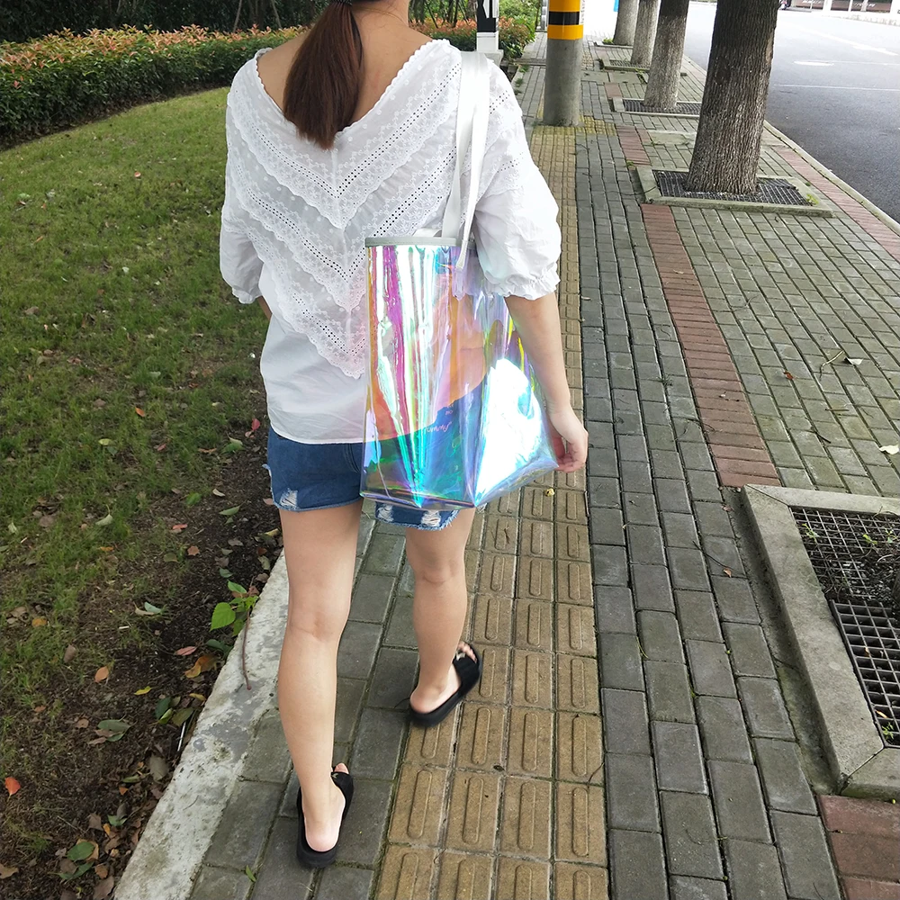 
Hign quality Fashion Iridescent ladies backpack TPU bag waterproof Makeup Wash women Colorful bag 