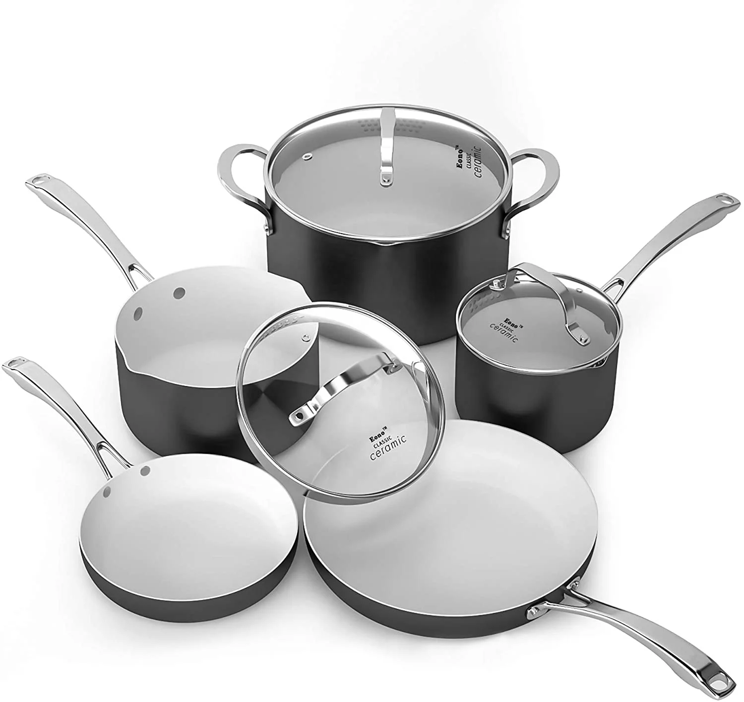 8PCS Pan Sets Non Stick - White Ceramic Coating Pots and Pans Oven Safe Hard Anodised Aluminium Cookware Set with Lids
