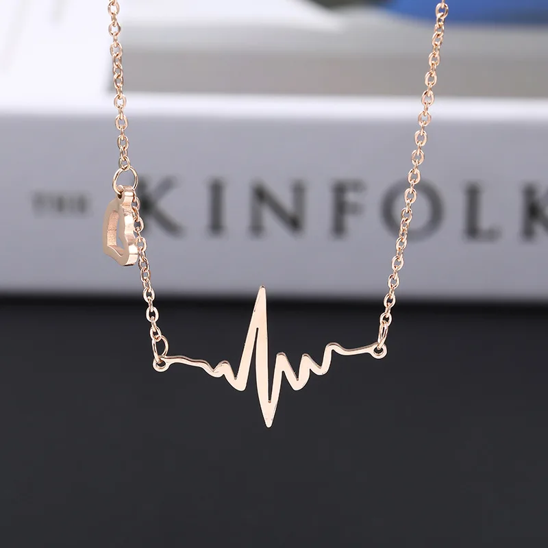 Fashion 18K Gold Plated Romantic Love Electrocardiogram Pulse Charm Pendant Necklace Stainless Steel Heartbeat For Women