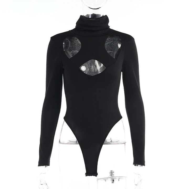 Wholesale Bodysuits Women Clothing Hollow Out Black Sexy Bodysuit Turtleneck Long Sleeve Thong Bodysuit For Sexy Girls Club Wear