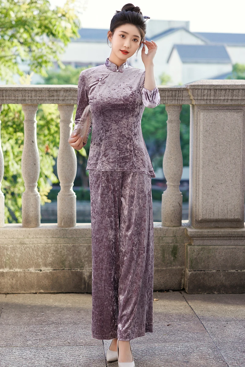 Warm And Comfortable Adults Autumn Winter Mother Dress Two Piece Golden Velvet Suit