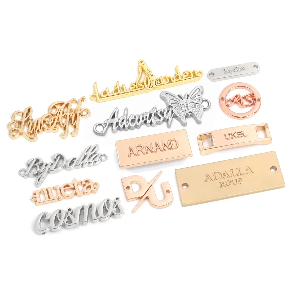 Clothing bag Shoe embossed gold letter name custom brand abaya logo plate label metal tag for clothes clothing bags handbags