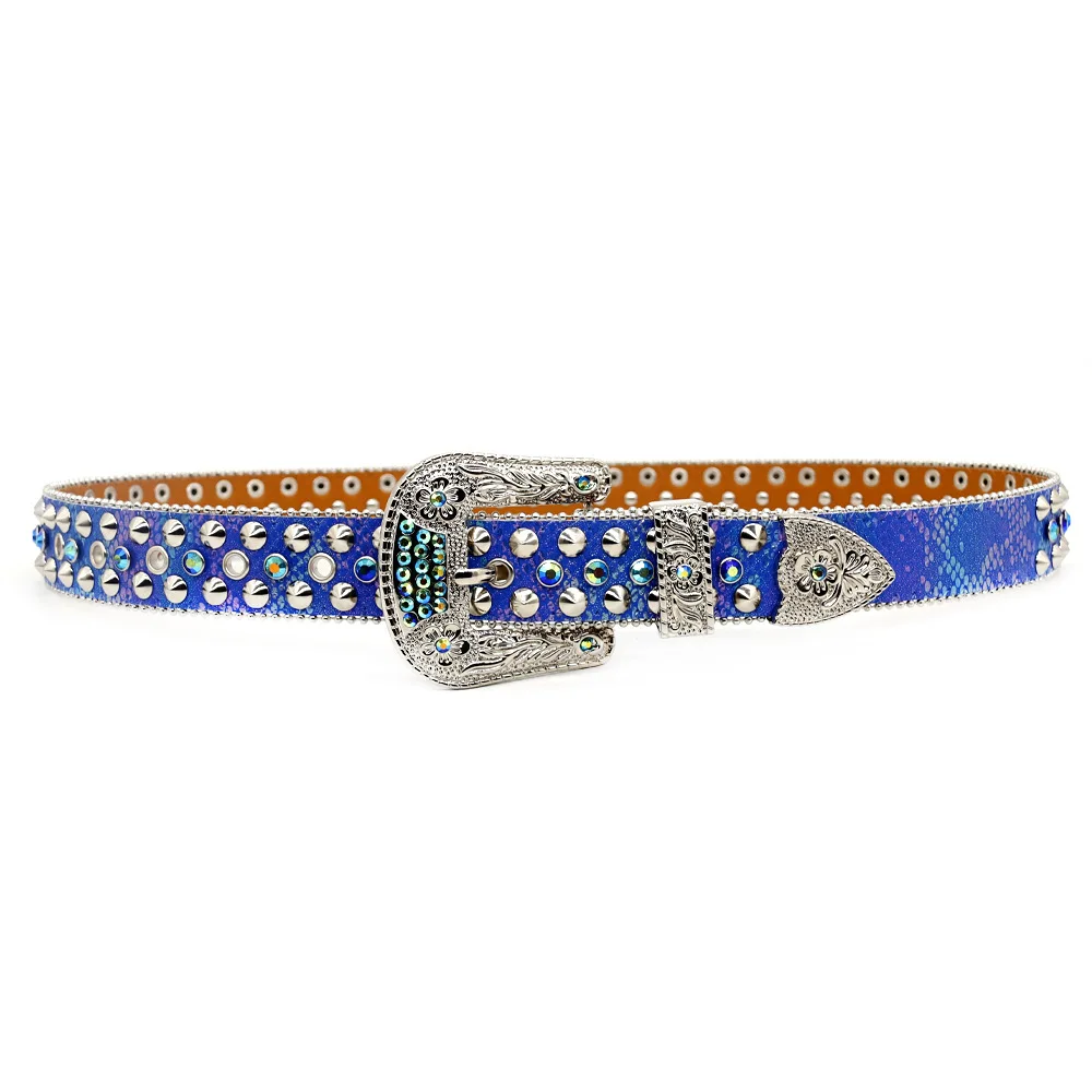 New Style Western Cowboy Rhinestone Belt Blue Color Diamond Studded Punk Design Woman Belt