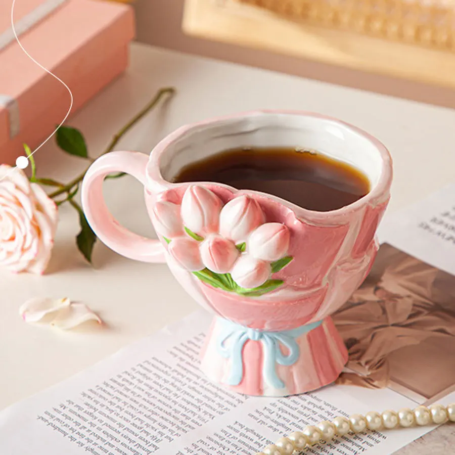 360ml Ins Korean 3D Relief Hand Pinched Irregular Tulip Flower Oatmeal Breakfast Mug Drinkware Ceramic Coffee Tea Cup Mugs