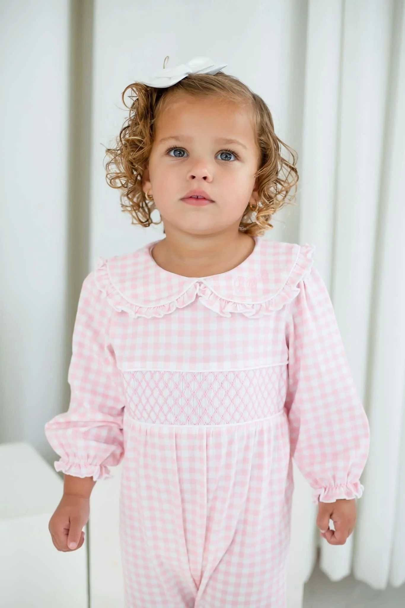 Custom Cotton Gingham Dreams Smocked Baby Pajamas Bubble Footie Ruffle Long Sleeve Toddler Onesie Bodysuit Baby Girl Romper