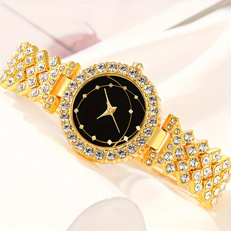 Fashion Gold Women Watch Diamond Bracelet+ring+necklace+earrings Full Crystal Watches Bracelet Gold Chain Clock for Female