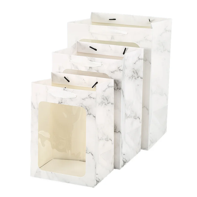 Custom logo wedding  flower Packaging cardboard gift shopping Bag Reusable kraft paper bags with PVC transparent window