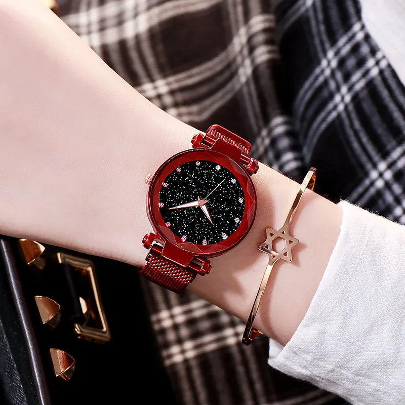 
New Fashion Women Luxury Stainless Steel Mesh Belt Ladies Starry Sky Magnet alloy Ladies Wrist Watch 