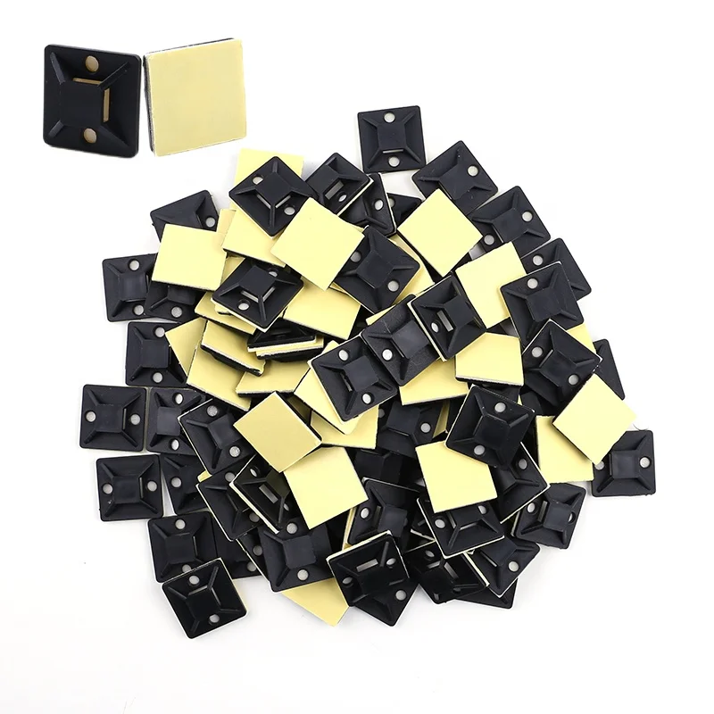 25*25mm Black PE PA66 100PCS 1in Self Adhesive Cable Clamp Zip Tie Holder Nylon Screw Fixing Cable Tie Mount Base