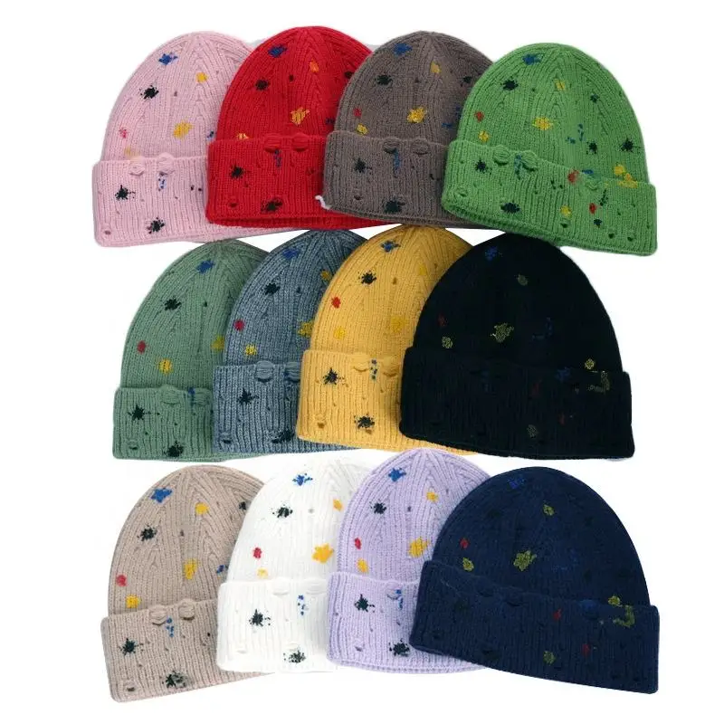 Wholesale Unisex Winter Custom Knitted Cuffed Beanie Hat Graffiti Paint Splat Colorful Dots Spots Warm Distressed Beanie Hat