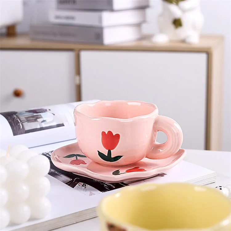 Wholesale Custom logo printed Korean ins creative hand-painted ceramic cup Gift Box Set Ceramic Coffee Mug With Saucer