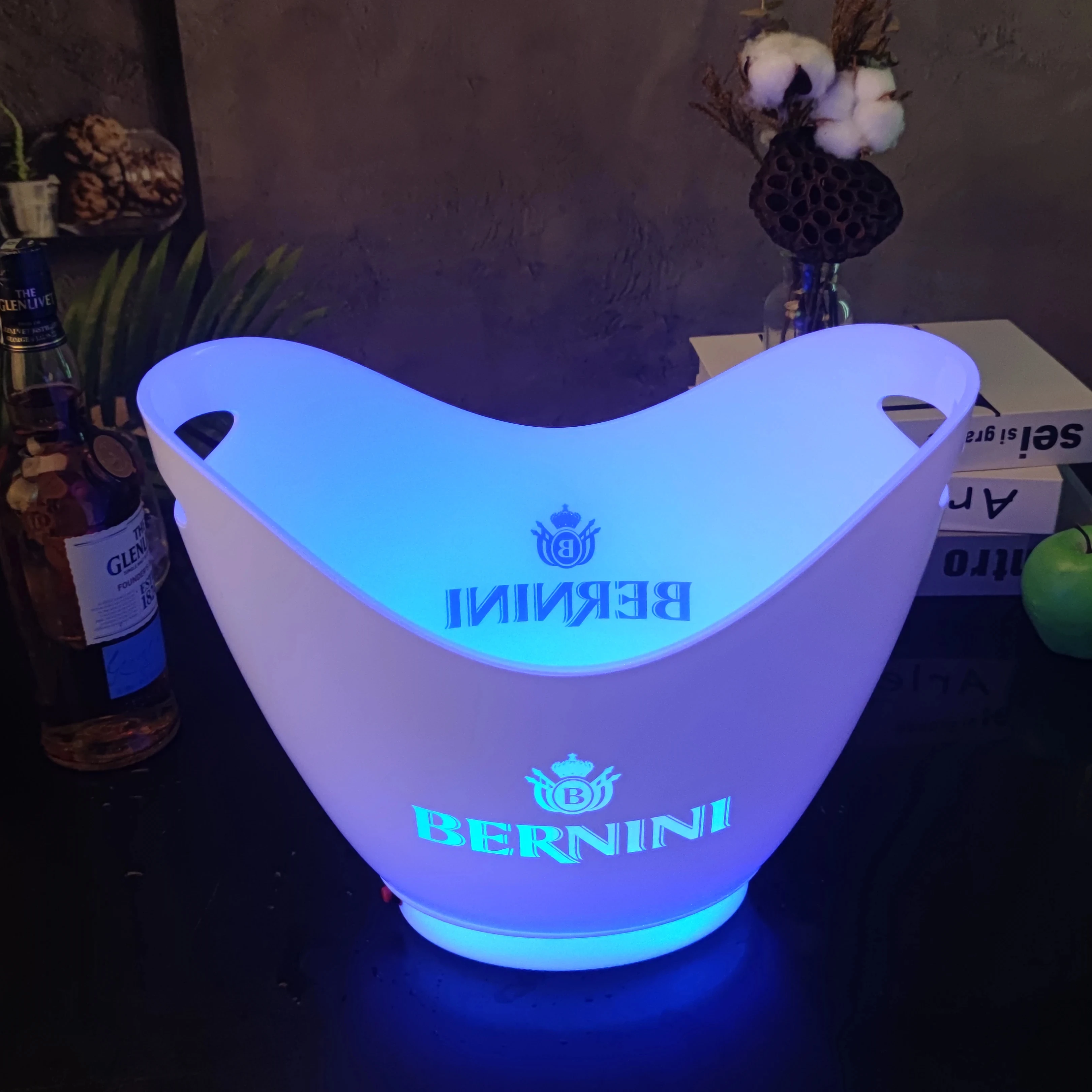 Factory best seller bottle custom round table 8L luxury logo print oil paint PS glass plastic Illuminated led Ice cooler Bucket