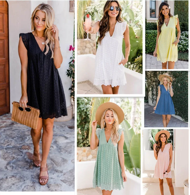 Hot Sale Women Summer Dresses With Shorts Solid Butterfly Sleeve V Neck Mini Dress