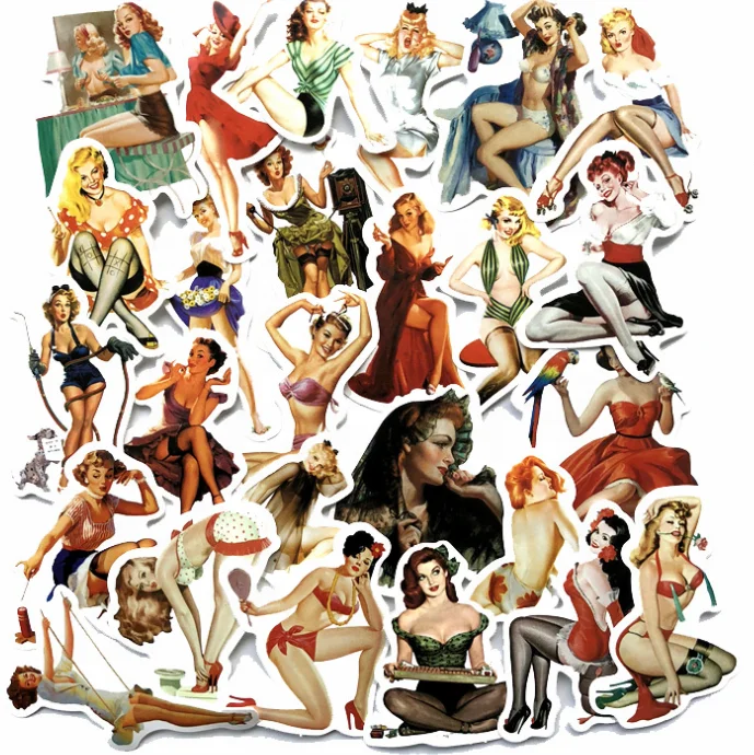
50PCS Vintage Girls Sticker Pack PVC Waterproof Stickers For Skateboard Bottle Laptop Hot Sale Beautiful Cute Girls Cartoon Set 