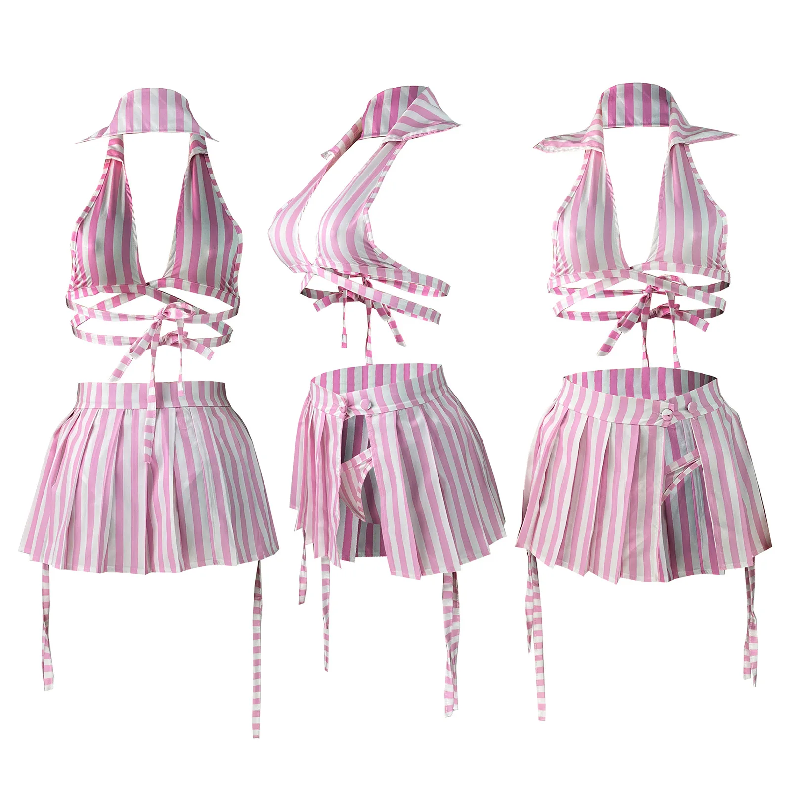 2022 Swimwear Stripe Swimsuit Set Women 3 Pieces Halter Bra Pleated Skirt Bikini Set