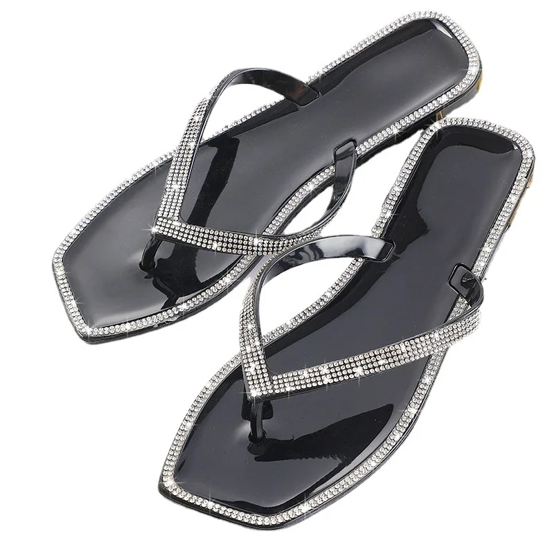 Шлепанцы женские с квадратным носком, сандалии-желе с кристаллами, плоская подошва, уличные тапочки, Цвет Алмаз