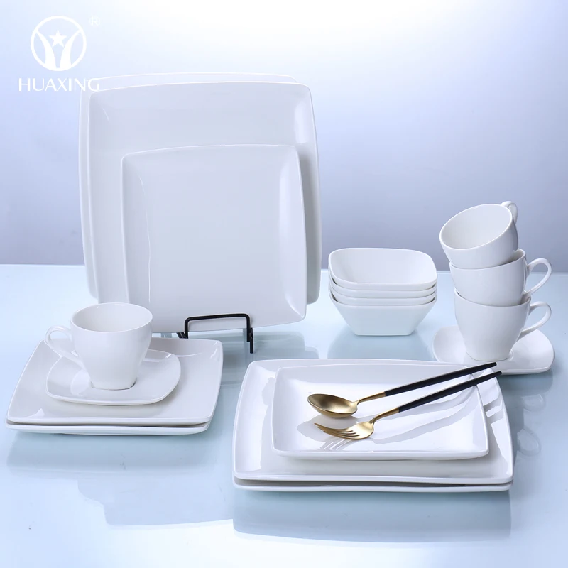 Modern square 20pcs white round ceramic tableware western dish dinner set plates restaurant dinnerware