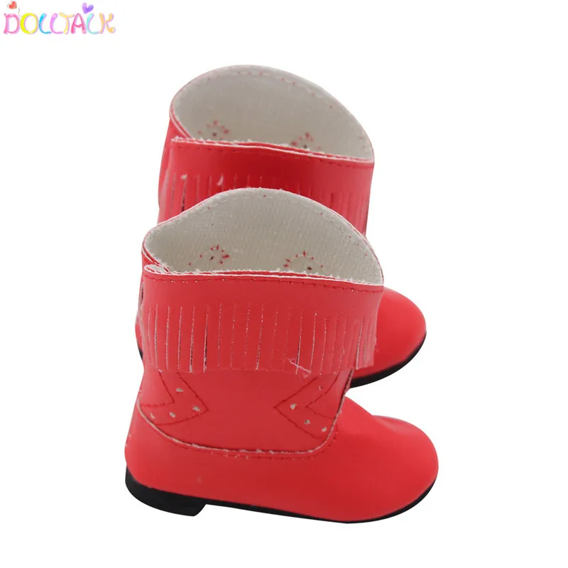 Заводское модное 18-дюймовые xiafu кукла с высоким берцем с кисточками красного цвета на толстом каблуке; Зимняя обувь в кукольном стиле