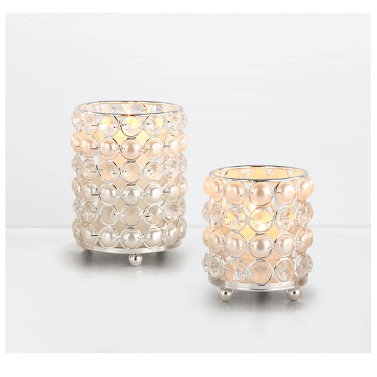 
Wholesale Iron Votive Metal Small Crystal Beaded Candle Holder With Pillar 