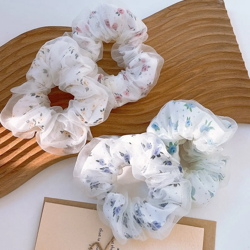 2024 New Arrival Double Layer Lace Hair Scrunchies Floral Organza Hairbands Oversize Lace Hair Scrunchies For Women