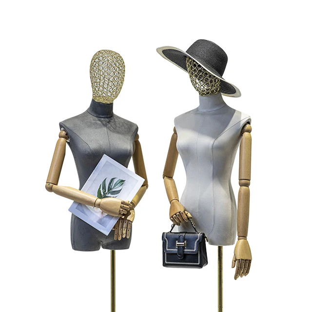 Beautiful Clothes Model Adjustable Women Half Body Suede Fabric Mannequin with Hollow Wire Head for Window Display