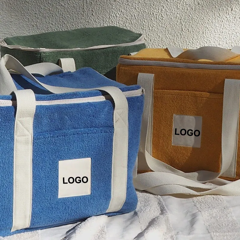 New BR Customize Logo Terry Toweling Insulate Beach Cooler Bag with Zipper, Outdoor Picnic Park Travel Cooler LOGO 4 Drink Food