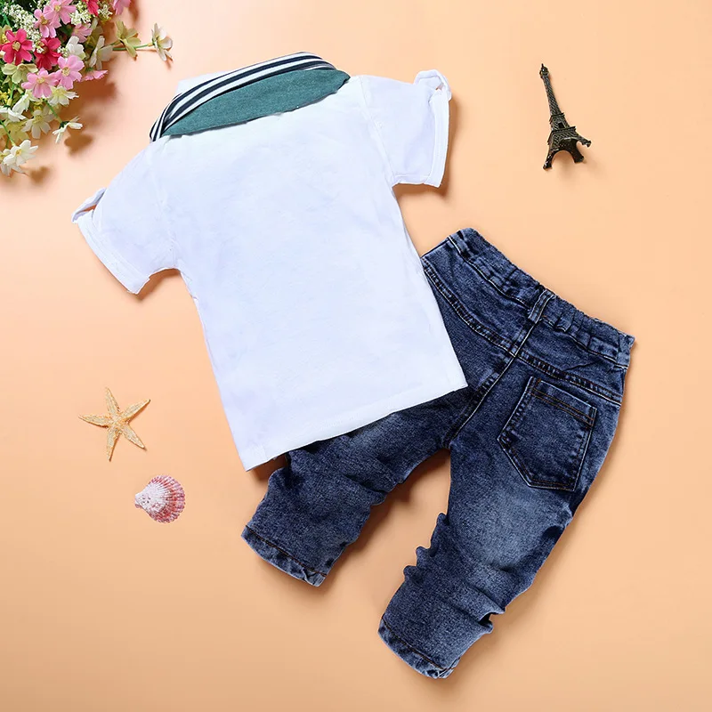 Hot selling T shirt + long jeans pant + scarf 3pcs summer kid clothes set baby boy 7years