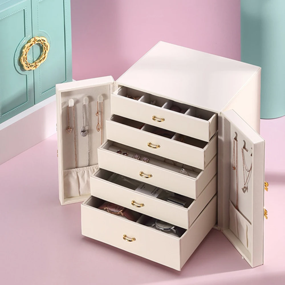 Jewellery Drawer Gift Box Organizer Large Capacity Double Open PU Leather Ring Earrings Necklaces Jewelry Storage Case