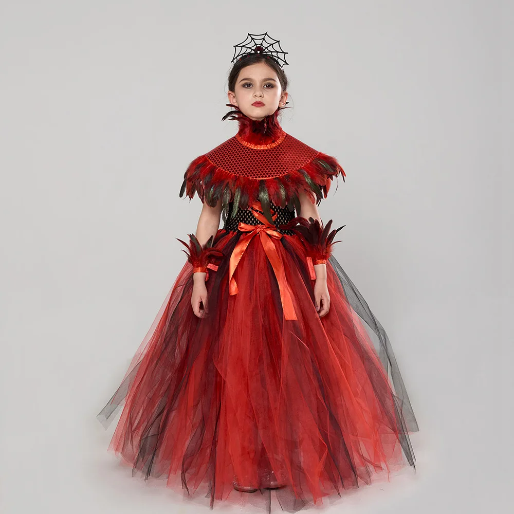 Baige Girls Queen Halloween Carnival Party Costume New Update Red Tutu Dress with Demon Vampire Theme for Holiday Celebrations