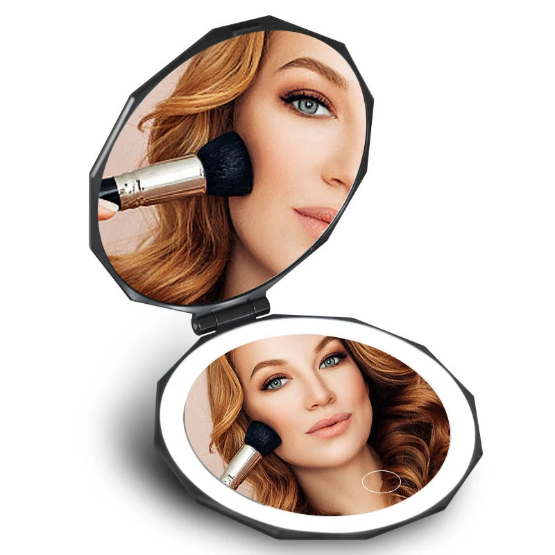 Custom Logo Cosmetic Hand Hand Held Foldable Black Pink Cute Small Travel Makeup With Led Light Compact Pocket Mirror