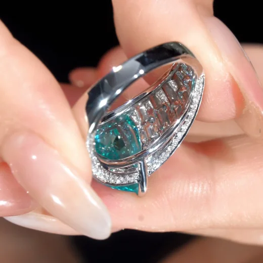 Neon Blue Labgrown Imitation Paraiba With Inclusions Trillion Cut Art-deco Ring With Step Cut and Brilliant Cut Side Stones