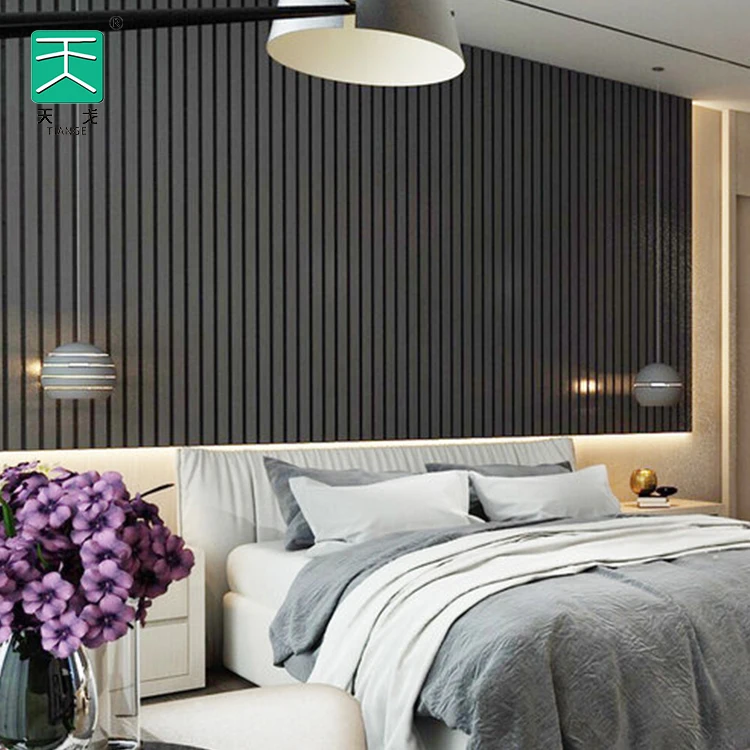 TianGe Custom Apartment interior Fluted Headboard PVC finished Grey Wooden Slat Wall Panels