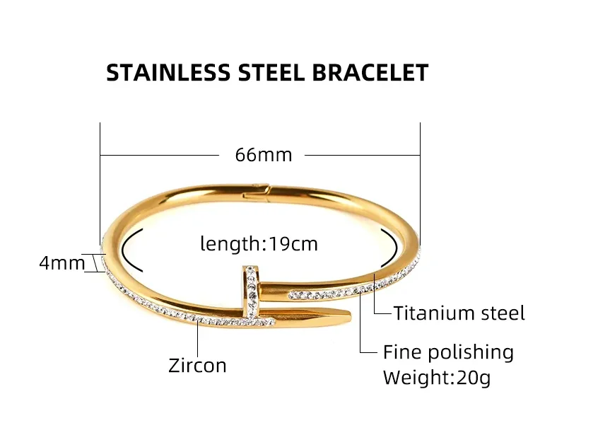 Wholesale Gold Plated Stainless Steel Cuff Nail Designer Bracelet Jewelry and Girls Bangle With Zircon Mother Bracelets for Gift