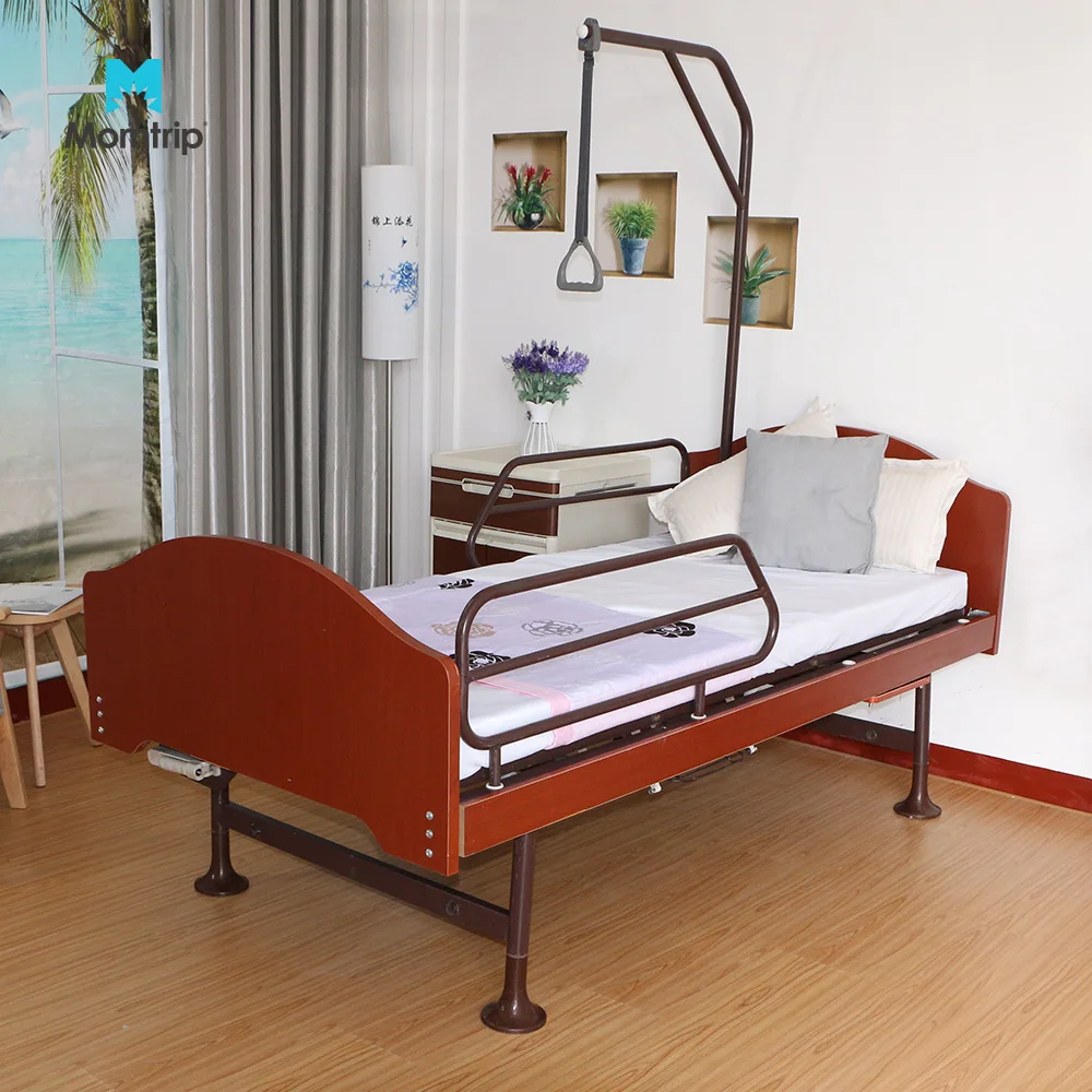 Factory Direct Wooden Nursing Home Patient Recovery Back Lift Fowler Medical Hospital Bed with Over Bed Pole Hoist