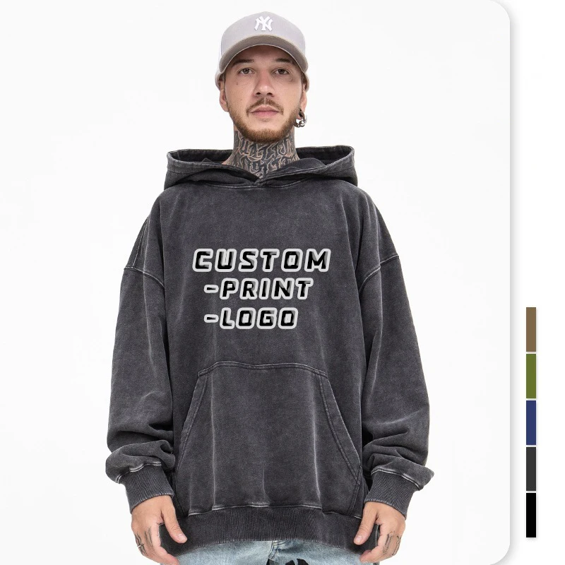 OEM Distressed Vintage Acid Wash Streetwear Sweatshirts Custom Blank Printed LOGO Oversized Black Drop Shoulder Hoodie For Men