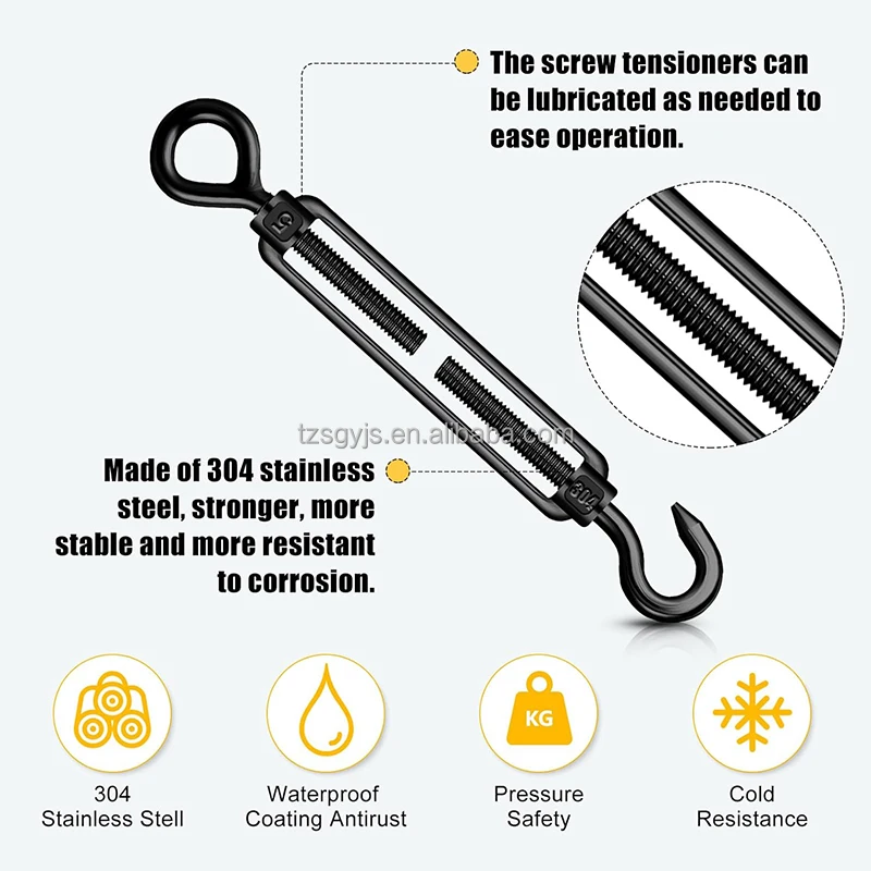 Stainless Steel Turnbuckle M4/M5/M6/M8 Black Hook and Eye Turnbuckle Heavy Duty Turnbuckle for Cable Wire Rope Tension